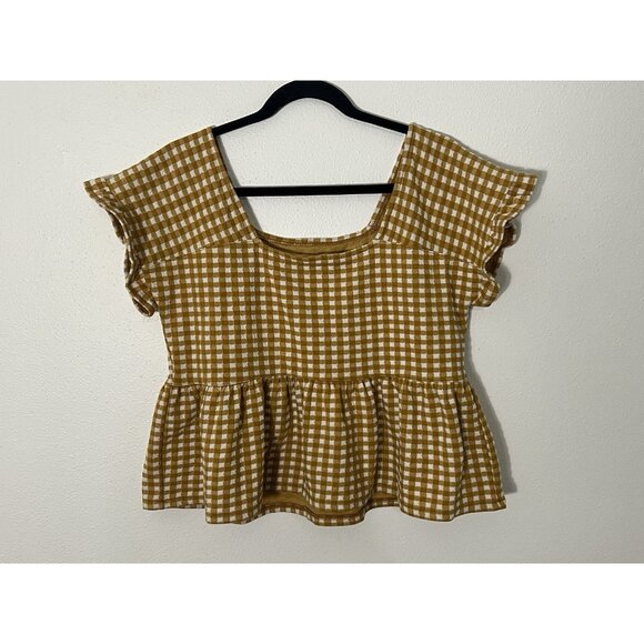 Madewell Gingham Knit Ruffle-Hem Top Women's Medium Yellow - Picture 1 of 10